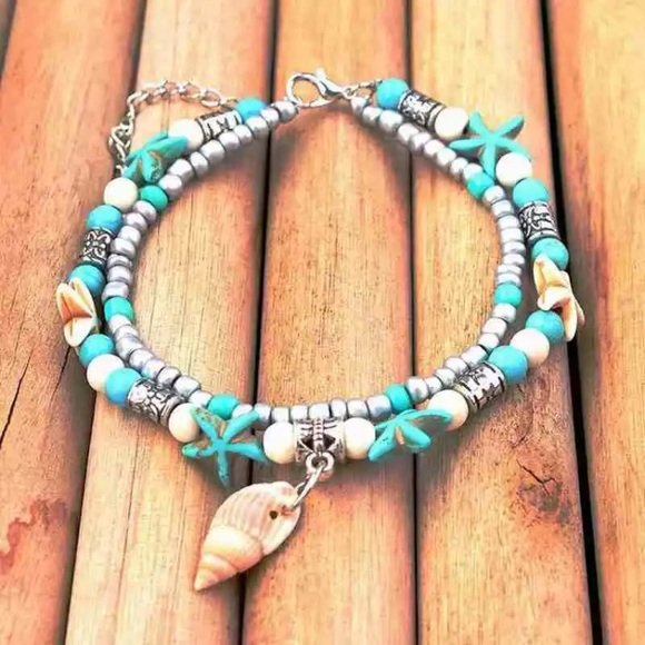 Jewelry - Seashell Starfish Silver Toned Turquoise Beaded Boho Anklet